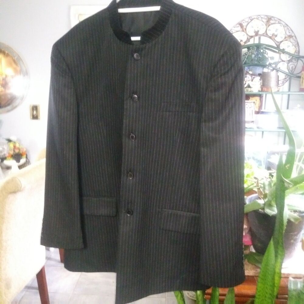 Milano Moda 2 Piece Nahru Band Collar Pinstrip Suit Sz 42r Vintage Look 5 button